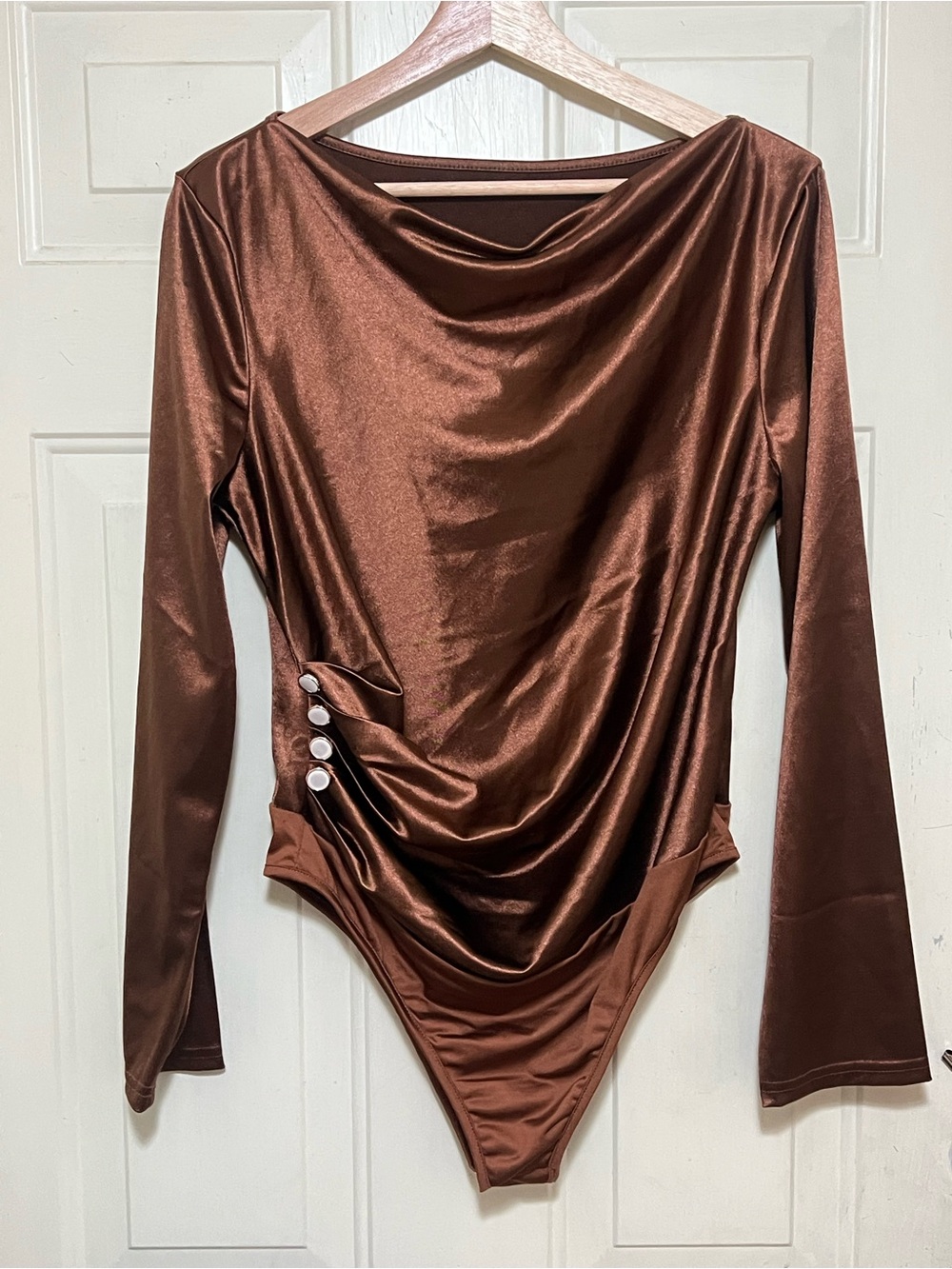 NWOT SHEIN Brown Satin Cowl Neck Ruched Bodysuit XL
